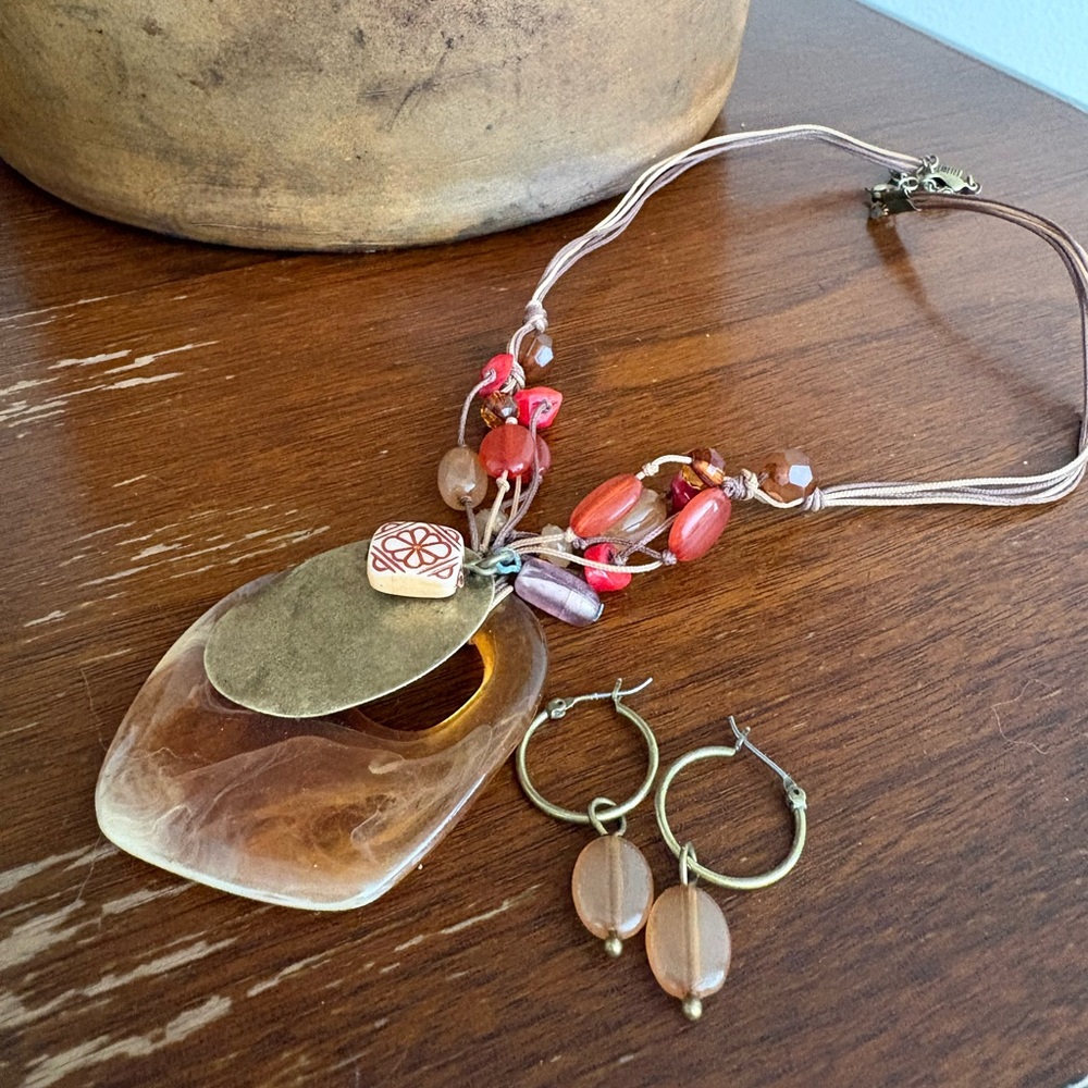 Vintage Avon Faux Amber Statement Necklace Earrings Set Bronze Boho Y2K NIB